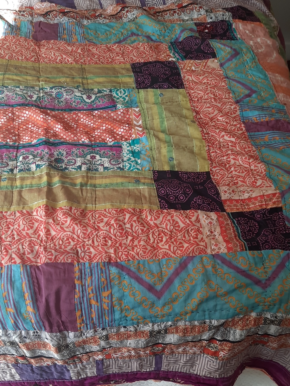 Boho Patchwork Quilt in Teal, Coral & Purple - Designer-Style Bedding